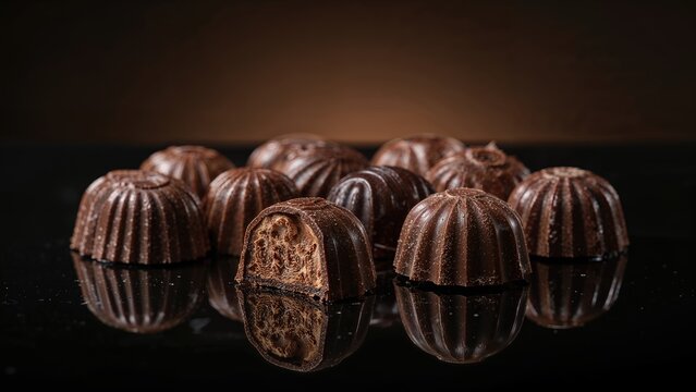 Macro image of chocolates with a mirror-like background