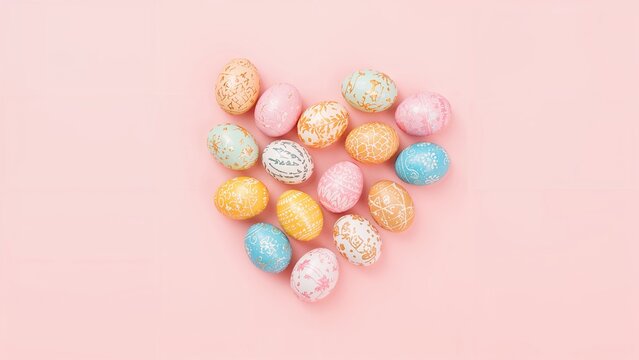 Colorful eggs arranged in a heart pattern for Easter celebration.