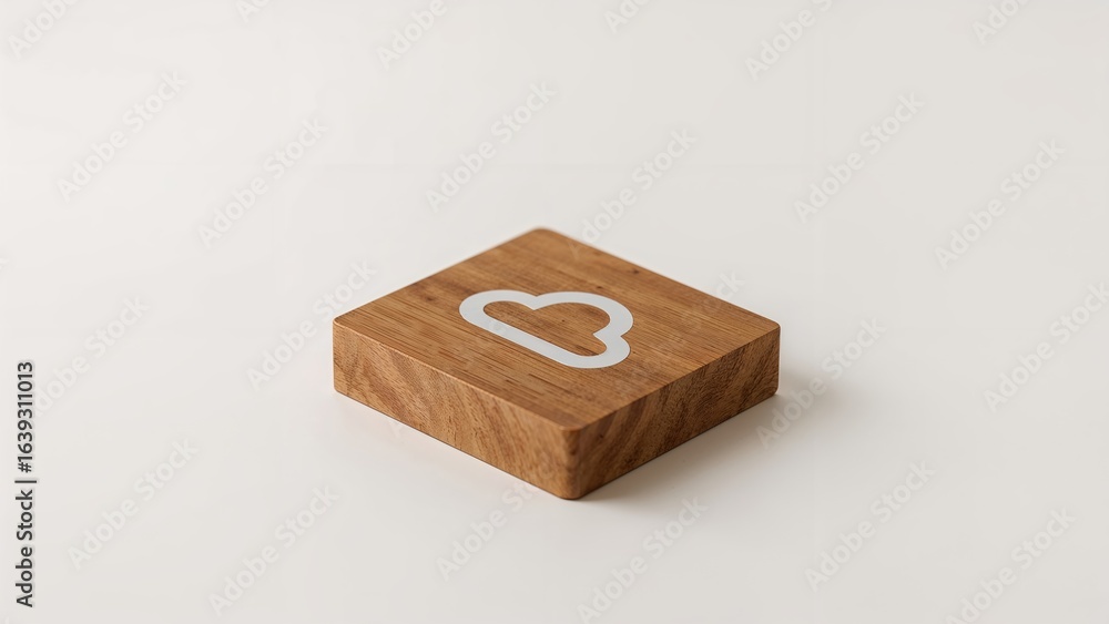 Poster desk setup with a wooden cube highlighting the cloud computing emblem