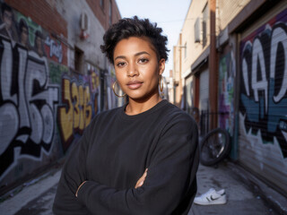 Young black woman posing confidently in urban alley with graffiti  