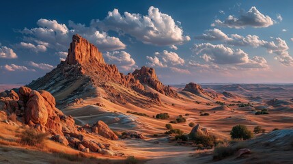 Naklejka premium Vast Gobi Desert near Kashgar Xinjiang under Golden Sunset Light with Long Shadows over Rugged Terrain and Dramatic Clouds in National Geographic Style Wide Landscape 