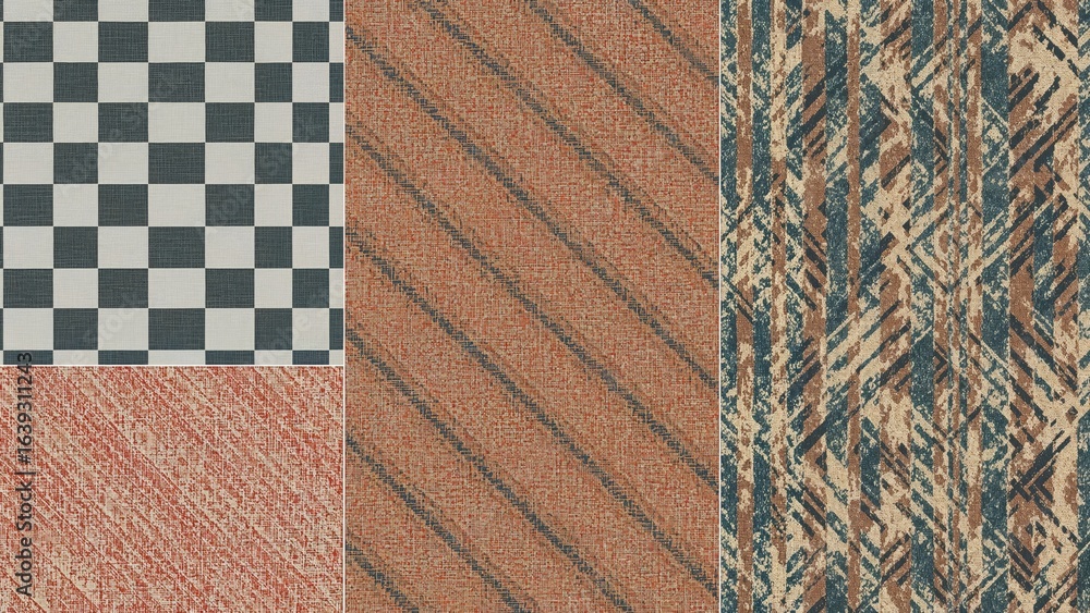 Poster Graphic concept design showcasing a colorful checkered fabric pattern with vintage weave texture and a dynamic striped motif for wallpaper.