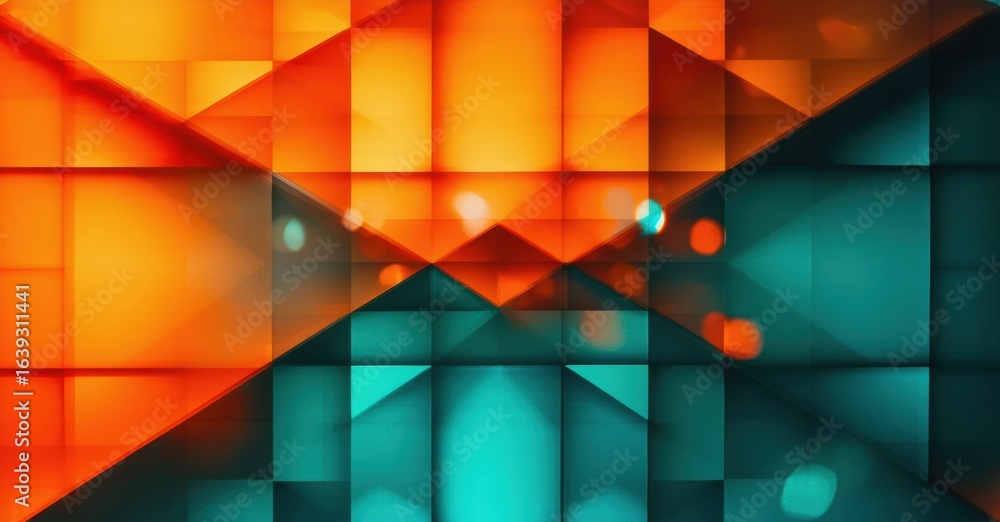 Poster abstract geometric pattern. orange, turquoise hues blend, creating dynamic visual effect. squares, t