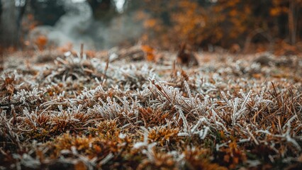 Vibrant chilly fall blades of grass in detailed close-up