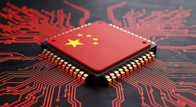 Chinese flag adorns the computer chip with red circuit pathways on a dark background