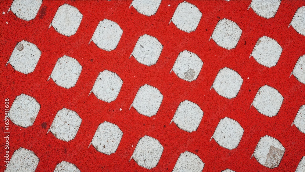 Poster geometric abstract pattern on colorful paving slabs, highlighted by white squares over a red foundat