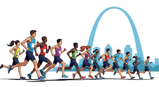 Illustrative depiction of diverse runners in a marathon event with a notable cityscape in the backdrop showcasing determination and athletic spirit in a vibrant setting - Powered by Adobe