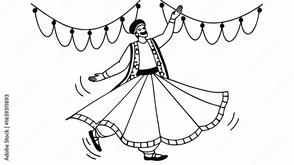 Poster illustration of a man in traditional attire dancing under a string of lights in black and white crea