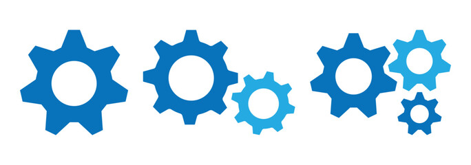 Gear setting icon set. Blue gears mechanism and cog wheel on white background. Vector illustrations.