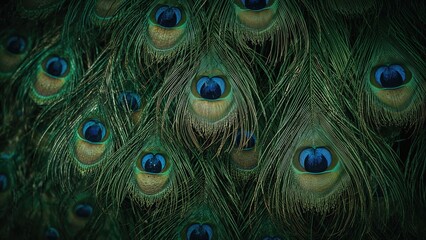 Fototapeta premium Zoomed-in image of radiant peafowl feathers, Beautiful emerald colors