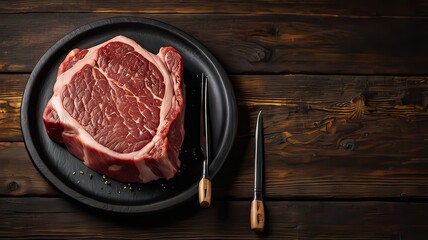 Succulent raw steak ready for grilling with rustic fork and knife on wooden board