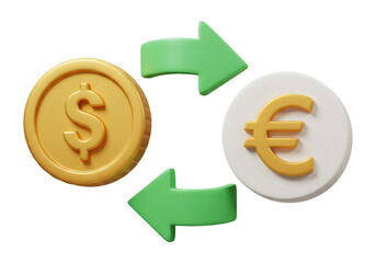 黄金のドルとユーロの通貨交換と緑の矢印の透明な背景