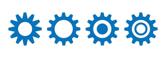 Gear setting icon set. Blue gears mechanism and cog wheel on white background. Vector illustrations.