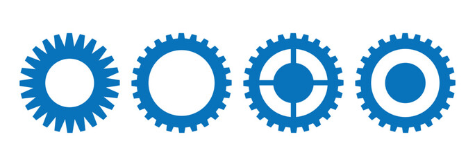 Gear setting icon set. Blue gears mechanism and cog wheel on white background. Vector illustrations.
