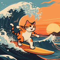 Cute Cat Surfing Big Wave at Sunset , Fun Cartoon Illustration design template