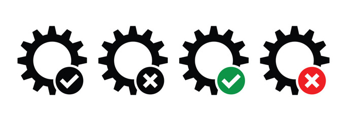 Gear Icons with Check and Cross Mark. Gear and Settings Icons with Tick and Cross. Cogwheel vector icon.  Black gear wheel web icons. Vector illustration.