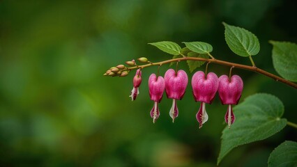 Obraz premium Romantic heart-shaped dicentra blossoms in pink, showcasing a branch of Cupid variety against a blurred natural background.