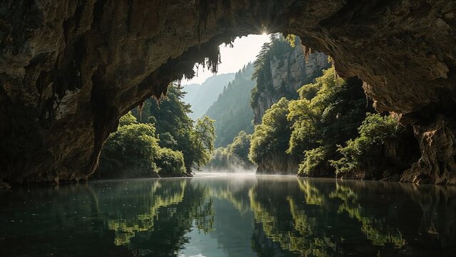 Looking up from the bottom of a vast abyss in a karst landscape