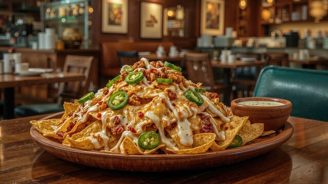Tasty nachos topped and paired with dip in a friendly restaurant