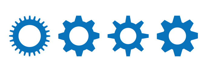 Gear setting icon set. Blue gears mechanism and cog wheel on white background. Vector illustrations.
