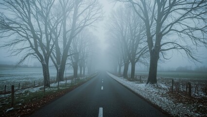 Obraz premium Solitary Misty Countryside Path Scene, exploration, wilderness, timber, cold season, scenery, route, woodland, avenue, scenic