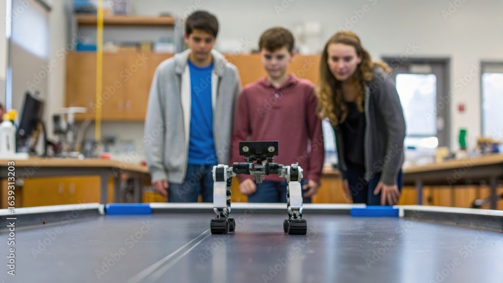 Aufkleber three students observe a small robot in a classroom, showcasing a blend of technology and education 
