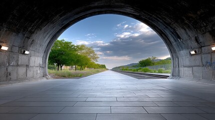 Graffiti Art Framed Subway Tunnel Portal Leading to a Summer Landscape
