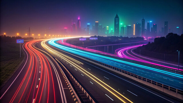 Futuristic highway with neon light trails curving toward cyberpunk cityscape, featuring electric blue and magenta colors in atmospheric nighttime scene.