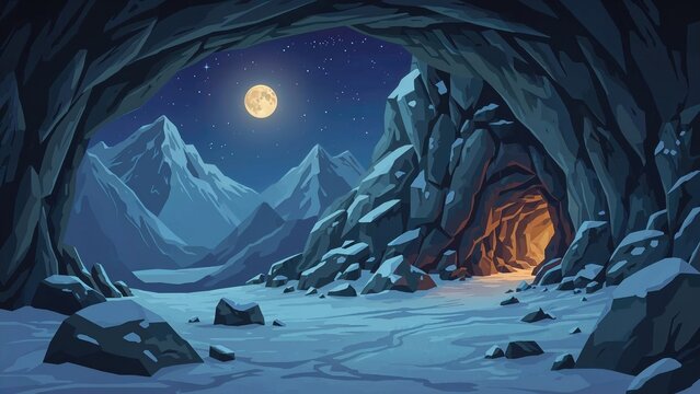 Nighttime winter scene with glowing cave entrance in rocky mountains under moonlight