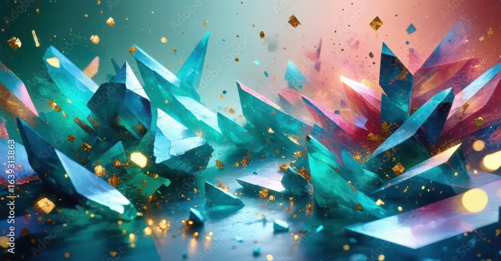 Poster abstract crystal formations. vibrant colors blend, creating dynamic, futuristic scene. light reflect