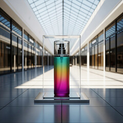 Elegant Colorful Beauty Product Display in Sunlit Modern Mall