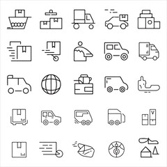Parcel delivery and transportation outline icons pack. Courier services, shipping management, logistics trucks, postal delivery, warehouse storage