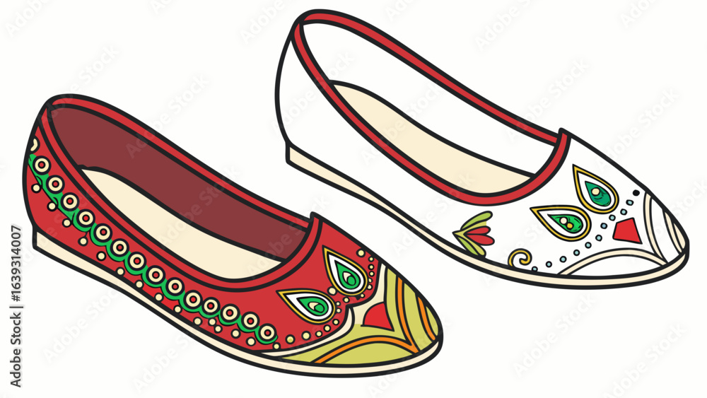 Poster two decorative flat shoes one red and one white with floral and circular patterns on a white backgro