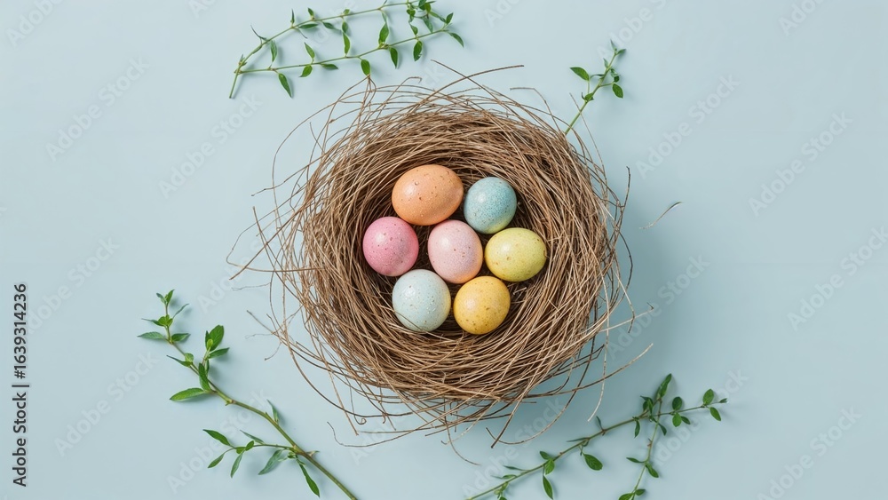 Poster beautiful easter eggs placed in a wide nest set on a smooth background