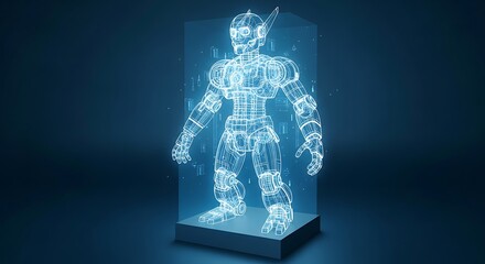 Digital human form composed of glowing blue binary code in a futuristic display