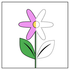 Half-colored flower worksheet for kids. Trace and color activity to improve prewriting skills and creativity. Perfect for preschool and kindergarten printable worksheets.