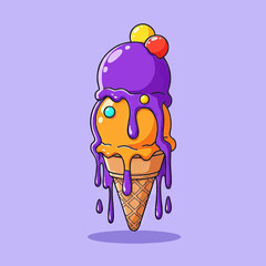 Colorful Melted Ice Cream Cone with Two Scoops and Gumballs, Vector Illustration on a Purple Background