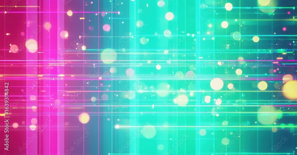 Poster bright abstract background. lines intersect with glowing circles, creating dynamic visual effect. pi