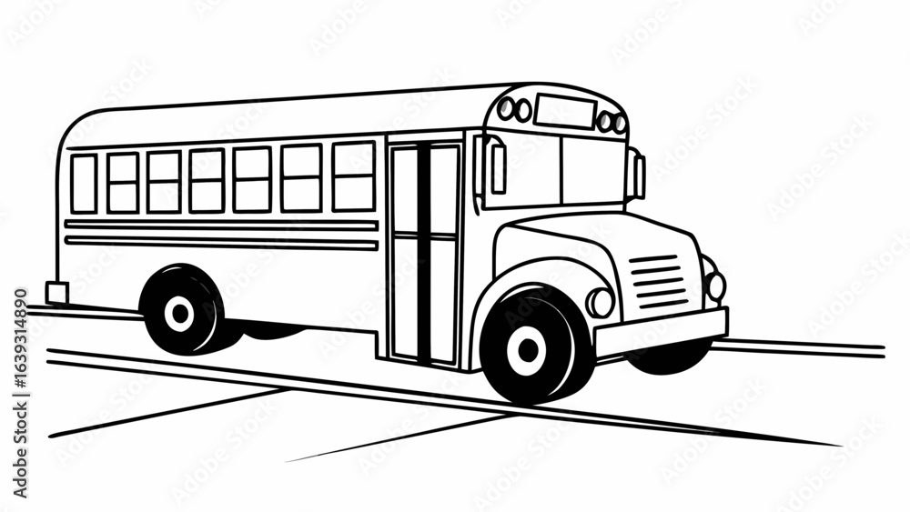 Poster a monochrome school bus with an open door and multiple windows on a road illustration art design cre