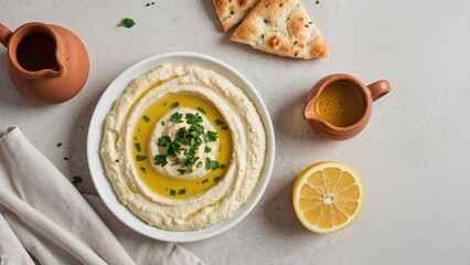 Authentic chickpea dip paired with pita bread, olive oil, fresh parsley, and lemon on a gray background.