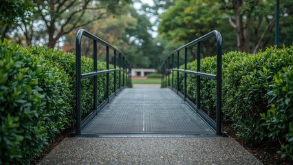 Obraz premium Close perspective of an accessibility ramp framed by dense bushes.
