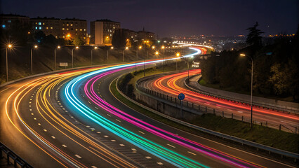 Urban highway interchange at night with colorful vehicle light trails creating rainbow streaks through curved roadway system near city buildings.