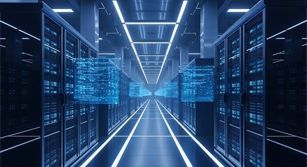 Futuristic digital data center server room with blue neon lights