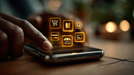 Hand using smartphone with golden floating shopping, payment, and delivery icons on screen Generated with AI