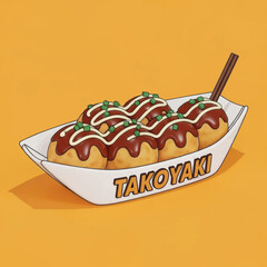 Japanese Takoyaki Food Illustration with a Chopstick on a Tray, Isolated on an Orange Background 3D Vector Illustration