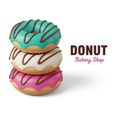 3D Rendered Stack of Three Glazed Donuts with Sprinkles for a Bakery Shop Vector Illustration Isolated on a White Background