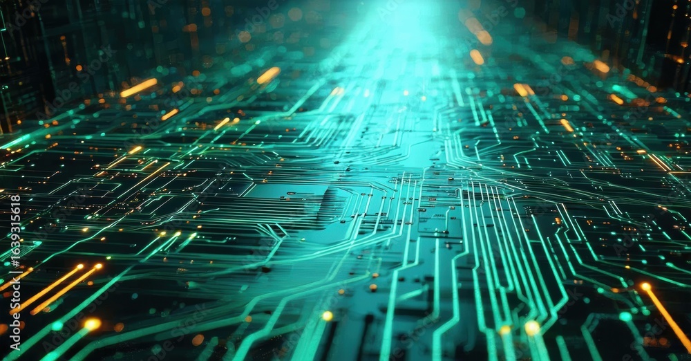 Poster abstract circuit board view. glowing lines create digital landscape. futuristic technology concept, 