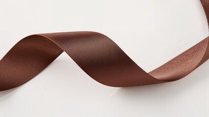 Macro shot of a lustrous brown satin ribbon on a plain white surface