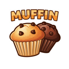 Two Muffin Characters with Chocolate Chips and "Muffin" Text, Vector Illustration
