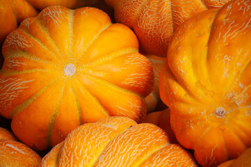 Closeup of yellow orange melons featuring unique veining and ribbed textures. Suitable for autumn-themed marketing, natural food blogs, or festive designs